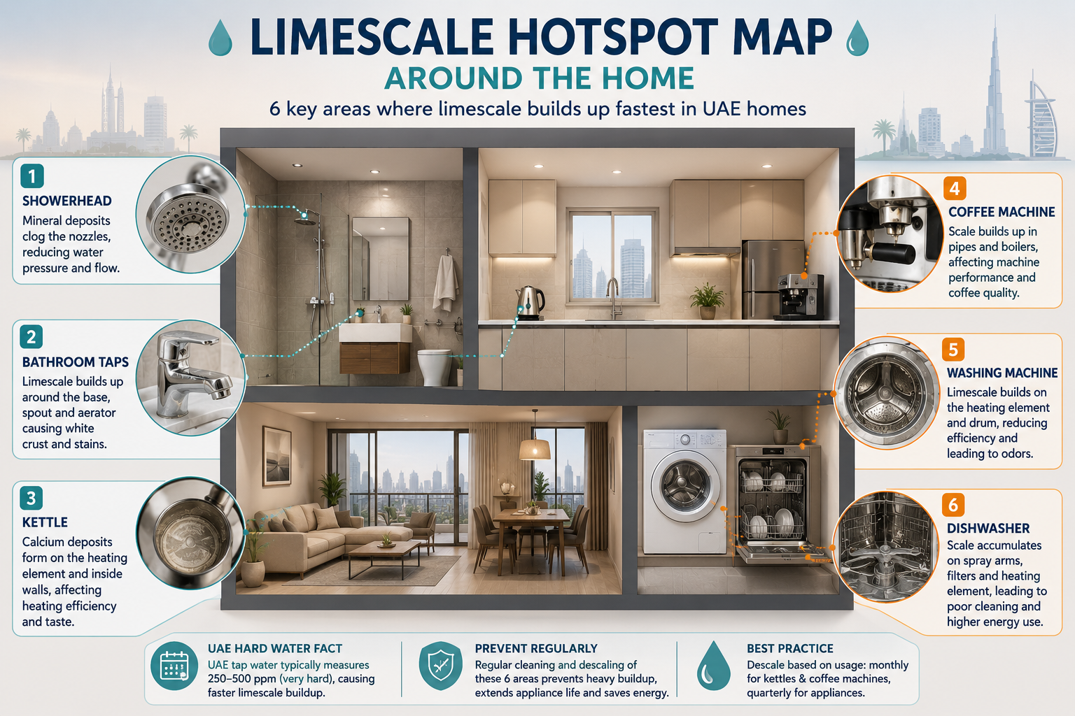 Infographic suggestion: Limescale Hotspot Map Around the Home - cross-section of a UAE apartment with hotspot callouts at showerhead, taps, kettle, coffee machine, washing machine, and dishwasher