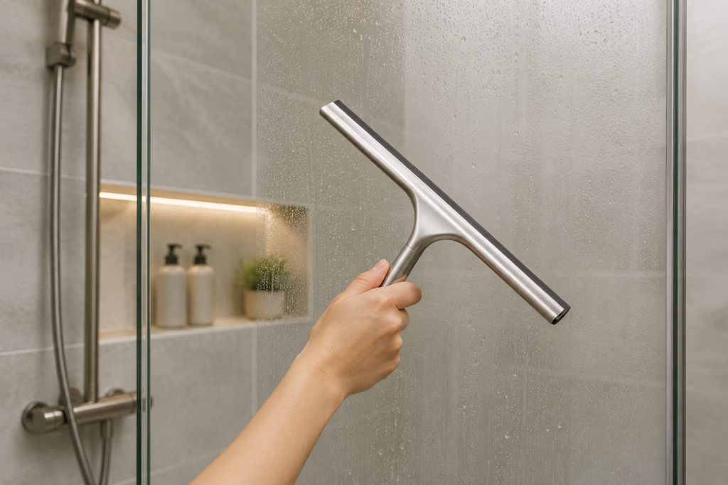best-shower-squeegees-uae-Shower squeegee removing water from glass shower door in a modern UAE bathroom to prevent hard water stains and soap scum buildup.