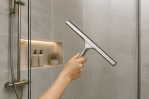 best-shower-squeegees-uae-Shower squeegee removing water from glass shower door in a modern UAE bathroom to prevent hard water stains and soap scum buildup.