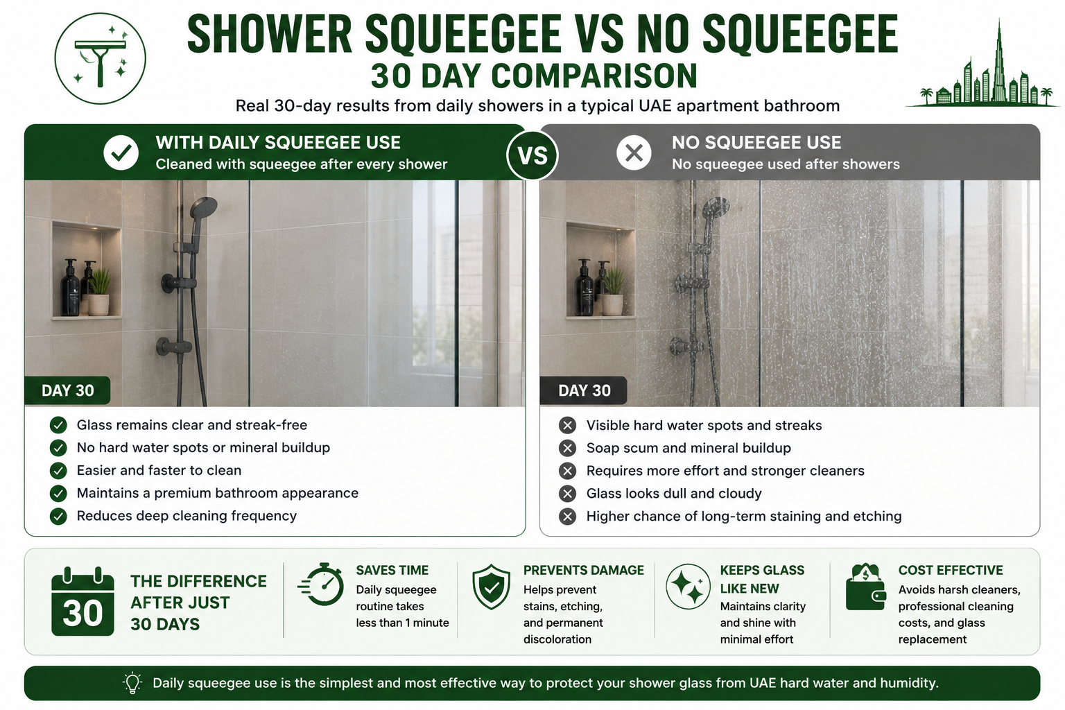 Shower Squeegee vs No Squeegee - 30 Day Comparison Description: Side-by-side comparison of identical shower glass panels after 30 days of use with and without daily squeegee maintenance.