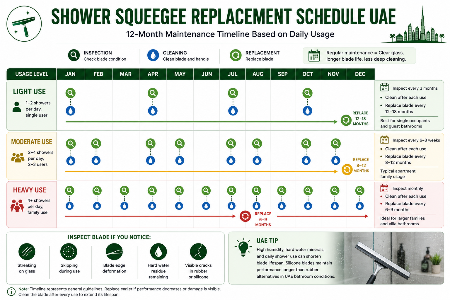 Shower Squeegee Replacement Schedule Description: 12-month maintenance timeline showing inspection intervals, cleaning intervals, and replacement checkpoints for light, moderate, and heavy use.