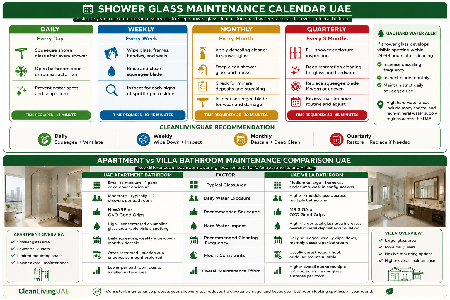 Apartment vs Villa Bathroom Maintenance Comparison UAE Description: Side-by-side visual comparison of bathroom cleaning requirements for UAE apartments and villas, covering glass area, water exposure, product recommendation, and maintenance effort.