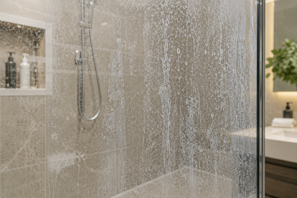 cloudy shower glass with hard water stains in UAE bathroom Placement: Directly below the Why Shower Screens Become Cloudy section.