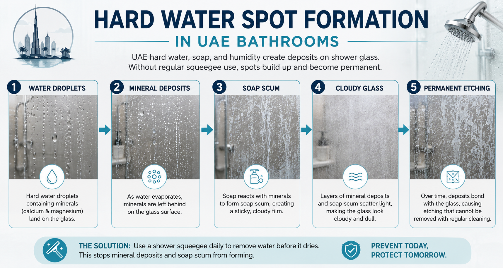 Hard Water Spot Formation in UAE Bathrooms Description: Sequential visual showing: Water Droplets → Mineral Deposits → Soap Scum → Cloudy Glass → Permanent Etching.