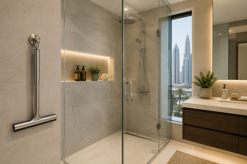 shower squeegee mounted beside frameless glass shower in a UAE bathroom Placement: After this section, before the buying guide.