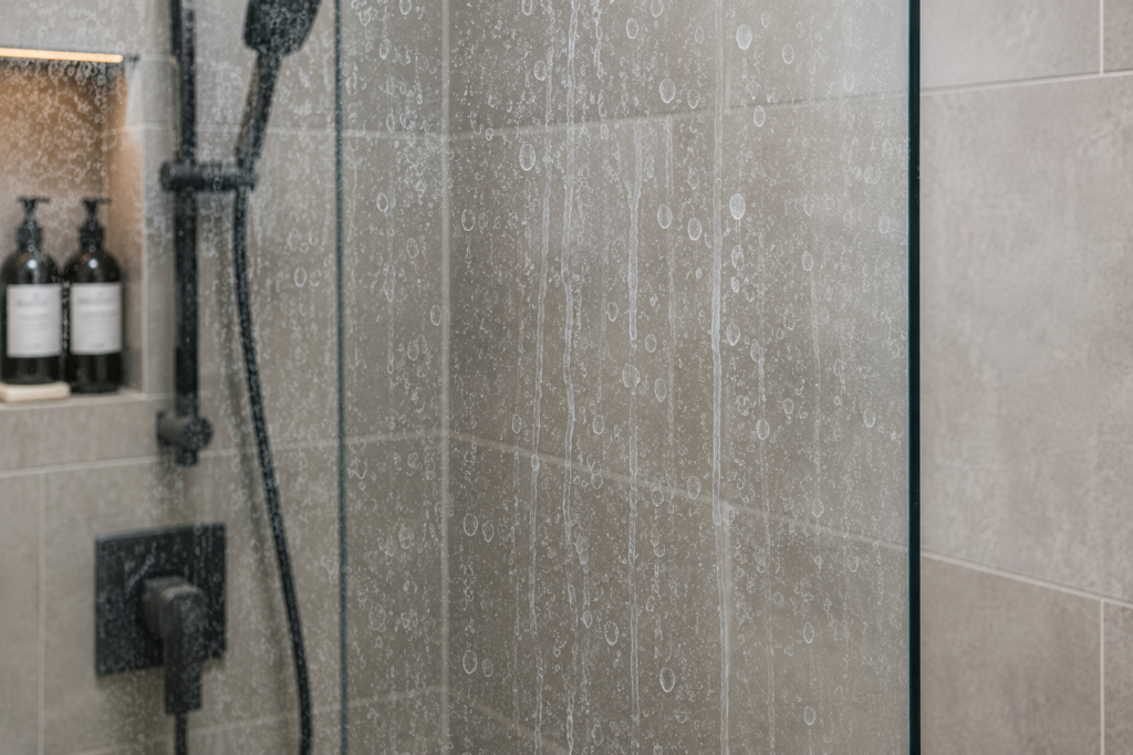 hard water stains on UAE shower glass before cleaning