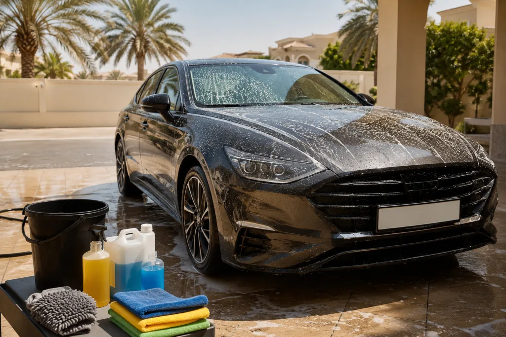 car-cleaning-uae-Car being washed in a UAE villa driveway with cleaning supplies, microfiber cloths and soap during a sunny day.