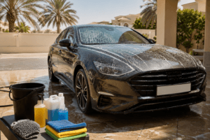 car-cleaning-uae-Car being washed in a UAE villa driveway with cleaning supplies, microfiber cloths and soap during a sunny day.