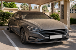 Dusty car parked in shaded UAE parking illustrating car cleaning UAE conditions