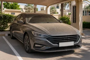 Dusty car parked in shaded UAE parking illustrating car cleaning UAE conditions