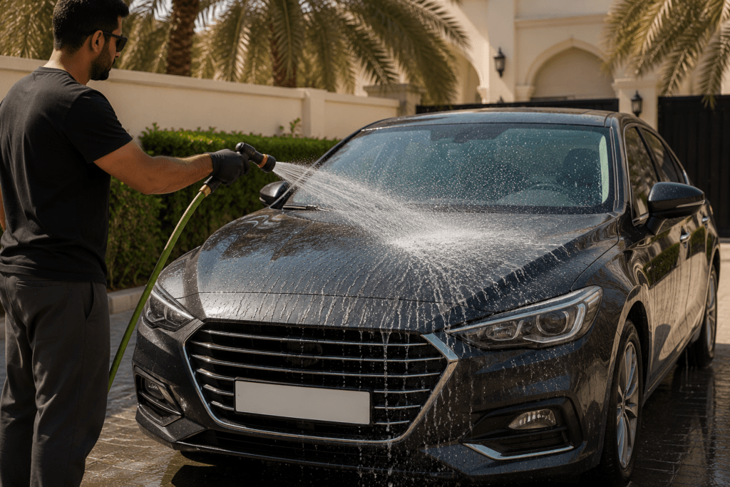 Pre-rinsing a car to manage dust safely in car cleaning UAE