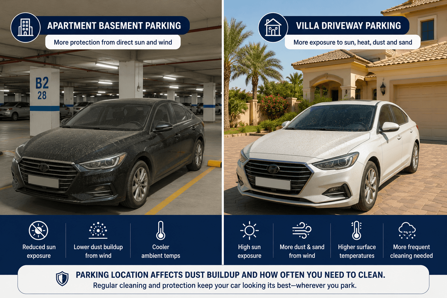 Apartment versus villa parking comparison for car cleaning UAE