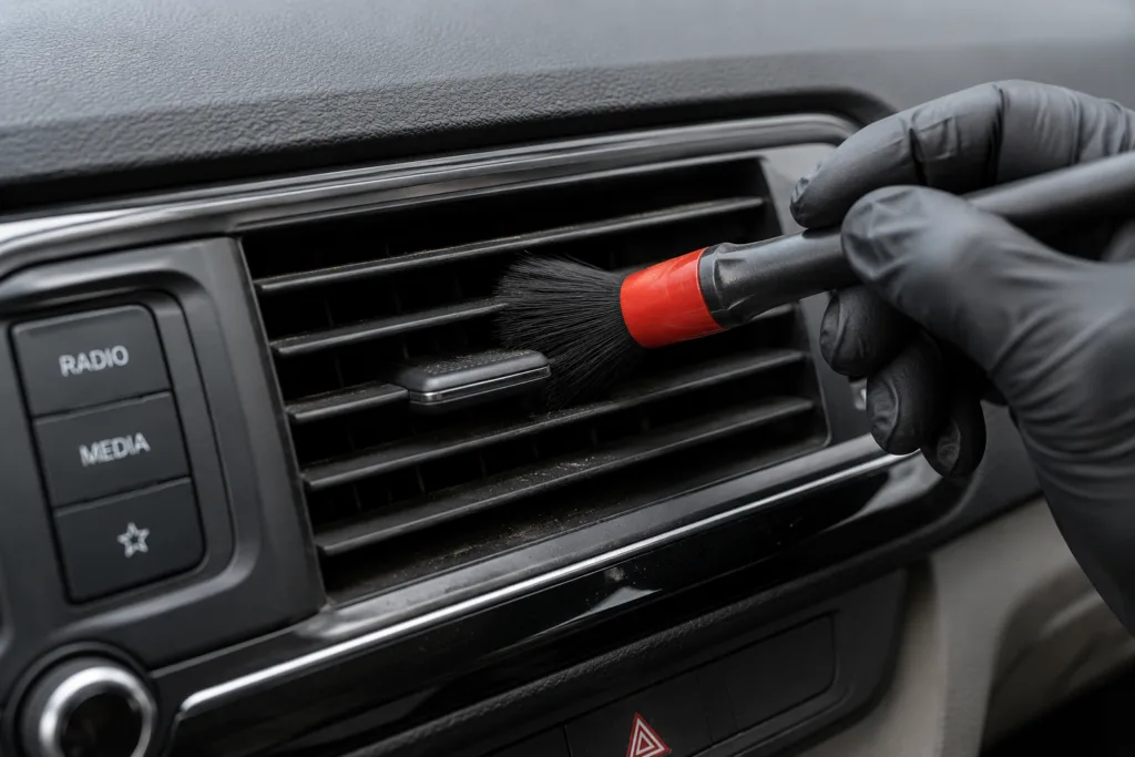 Cleaning dust from car AC vents in car cleaning UAE