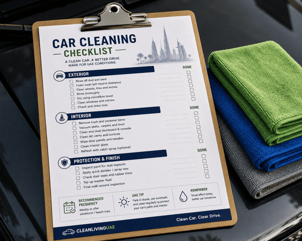 Printable car cleaning UAE checklist with microfibre cloths