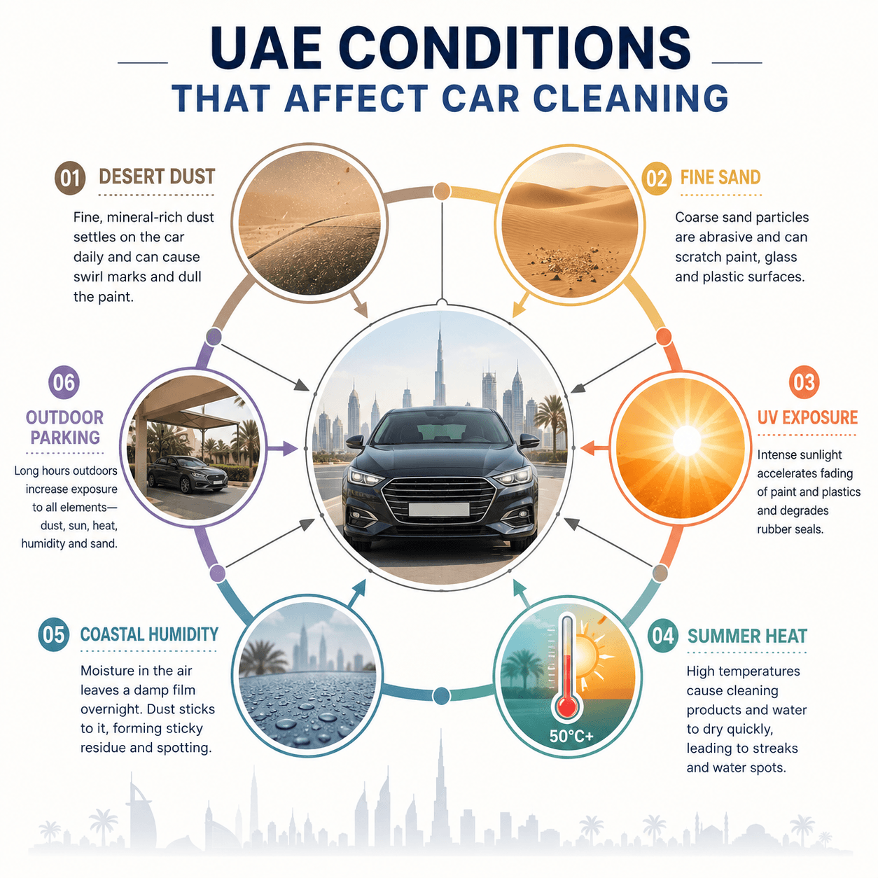 Infographic of UAE environmental factors affecting car cleaning UAE