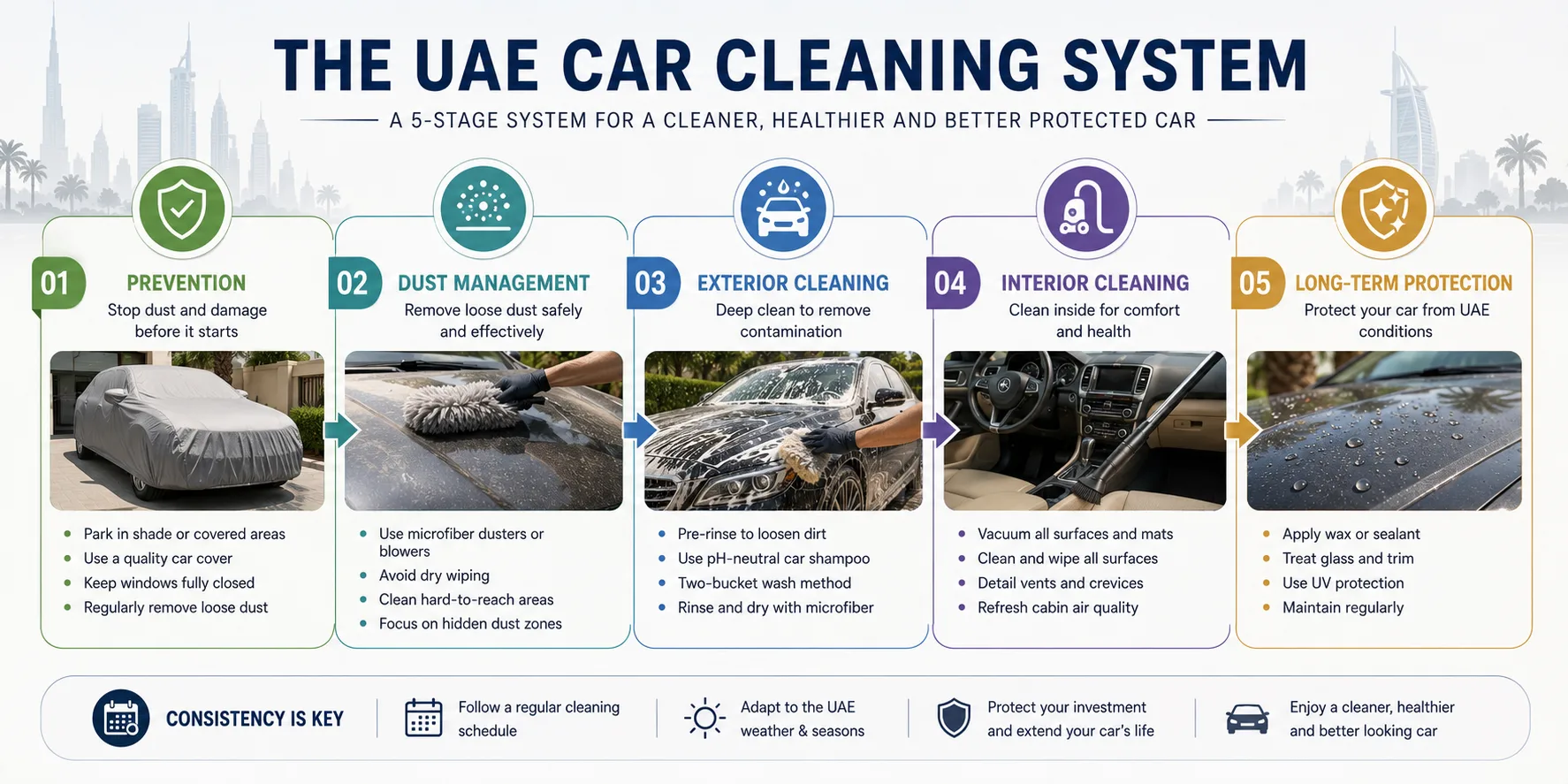 Five-layer car cleaning UAE system infographic