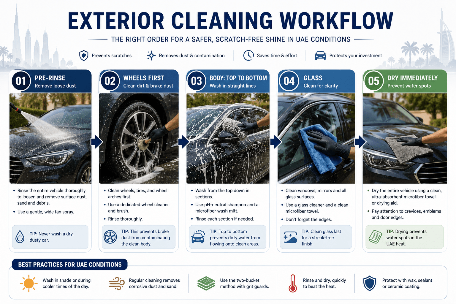 Car exterior cleaning workflow infographic for car cleaning UAE