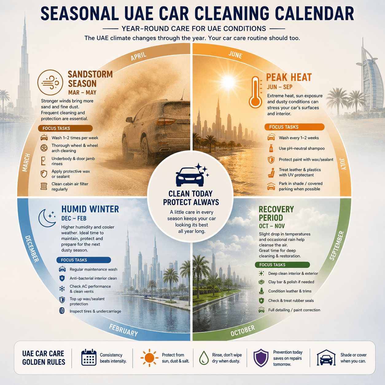 Seasonal car cleaning UAE calendar infographic