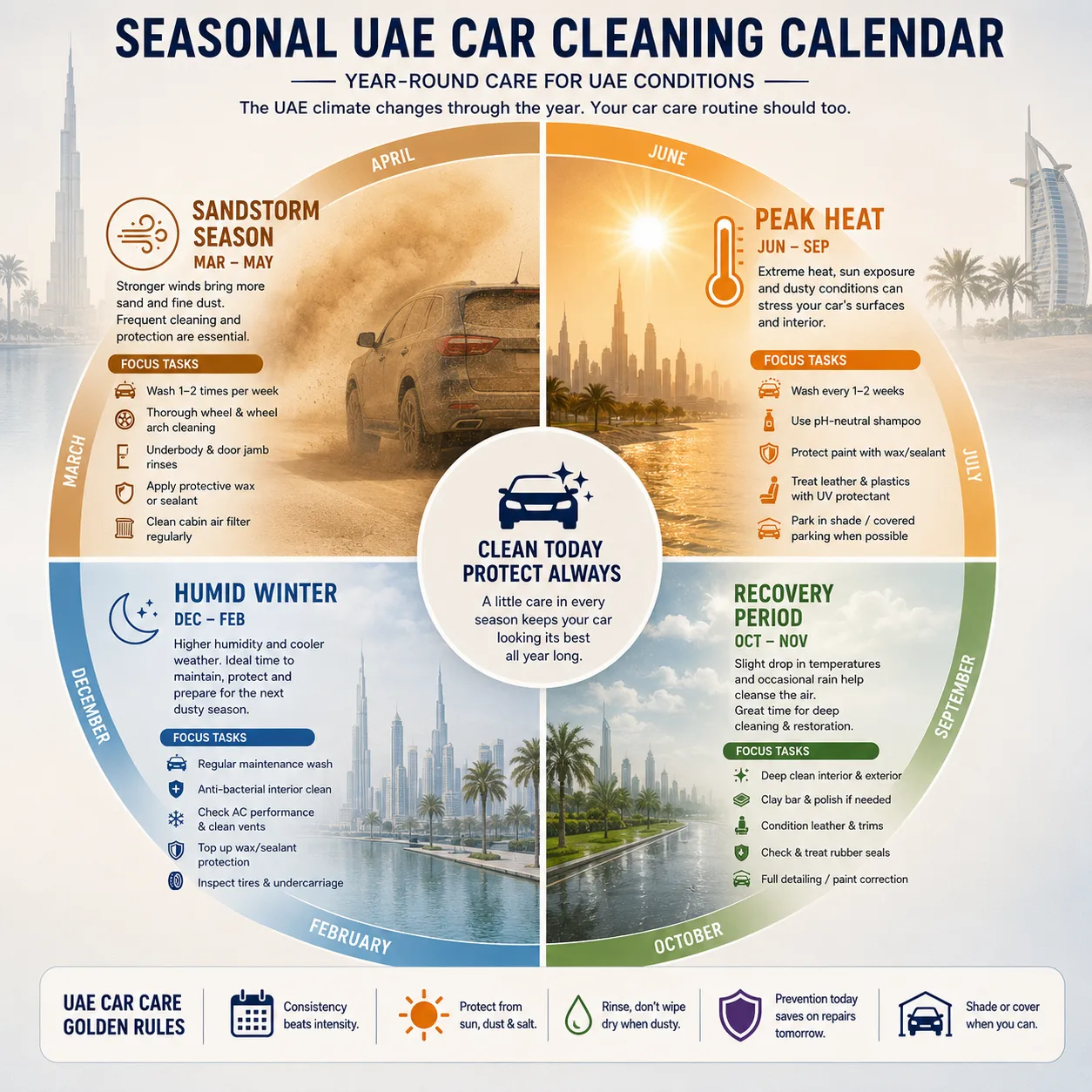 Seasonal car cleaning UAE calendar infographic