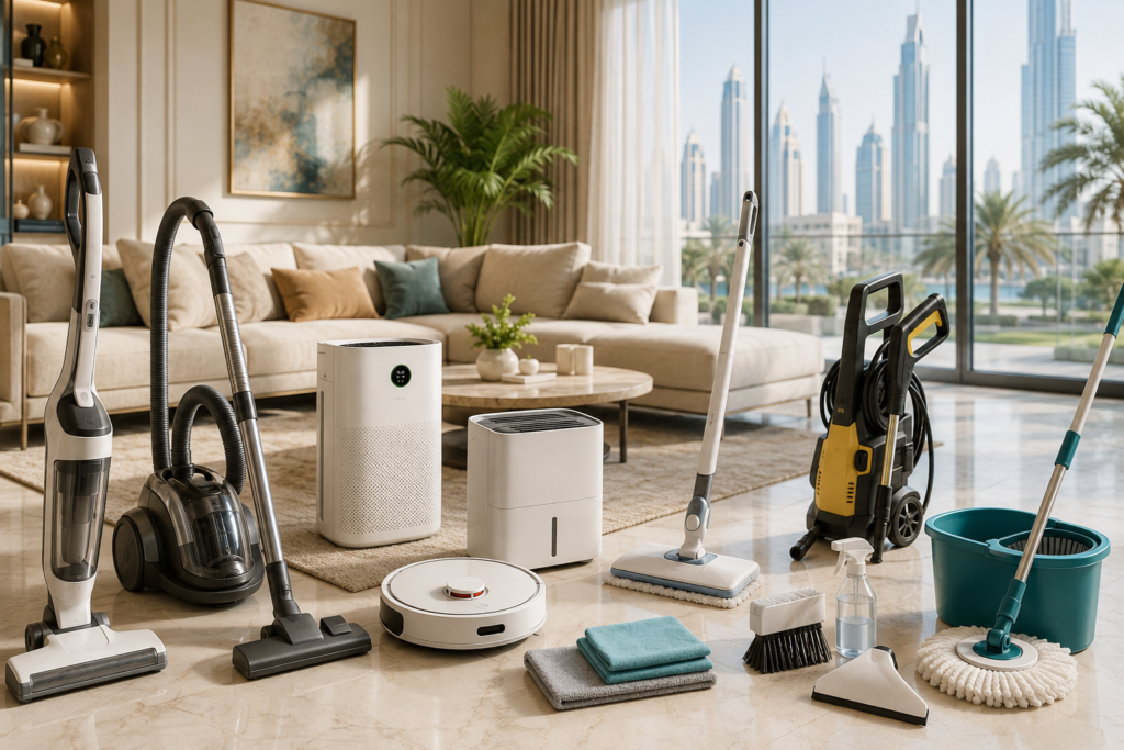 cleaning-comparisons-uae-Cleaning tools comparison UAE including vacuum cleaners, robot vacuum, air purifier, steam mop, pressure washer, and spin mop in a modern apartment.