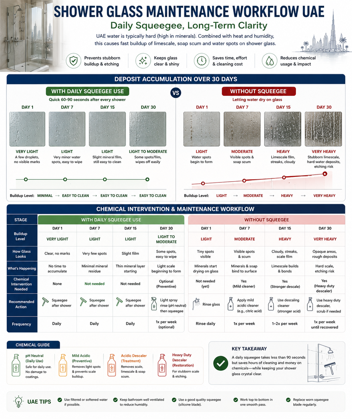 [INFOGRAPHIC SUGGESTION] Shower Glass Maintenance Workflow UAE - showing deposit accumulation over 30 days with and without daily squeegee use, and chemical intervention required at each stage.