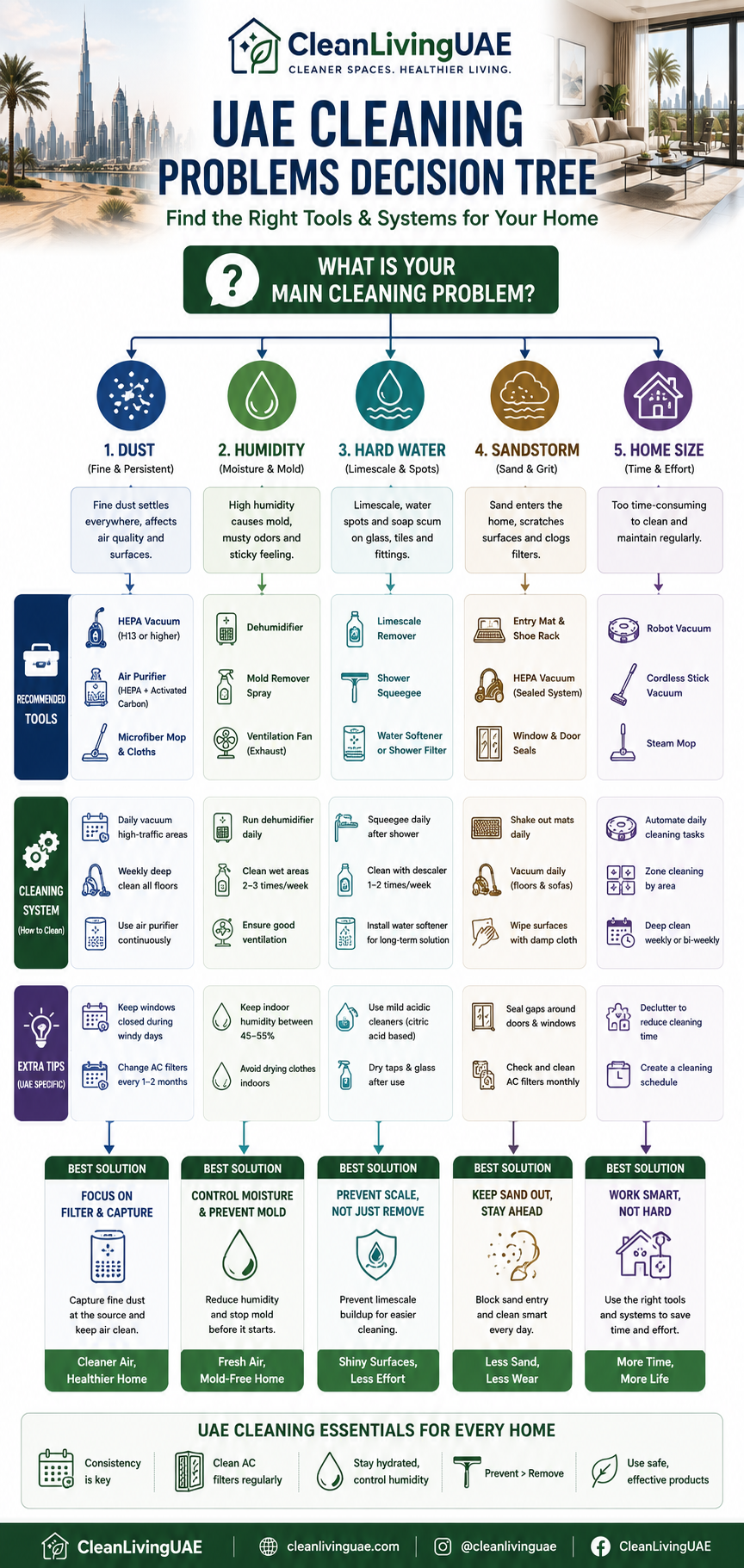 create an [INFOGRAPHIC SUGGESTION] Decision Tree UAE Cleaning Problems - a vertical flowchart beginning with the question "What is your main cleaning problem?" branching into dust, humidity, hard water, sandstorm, and home size, leading to tool and system recommendations at each endpoint.