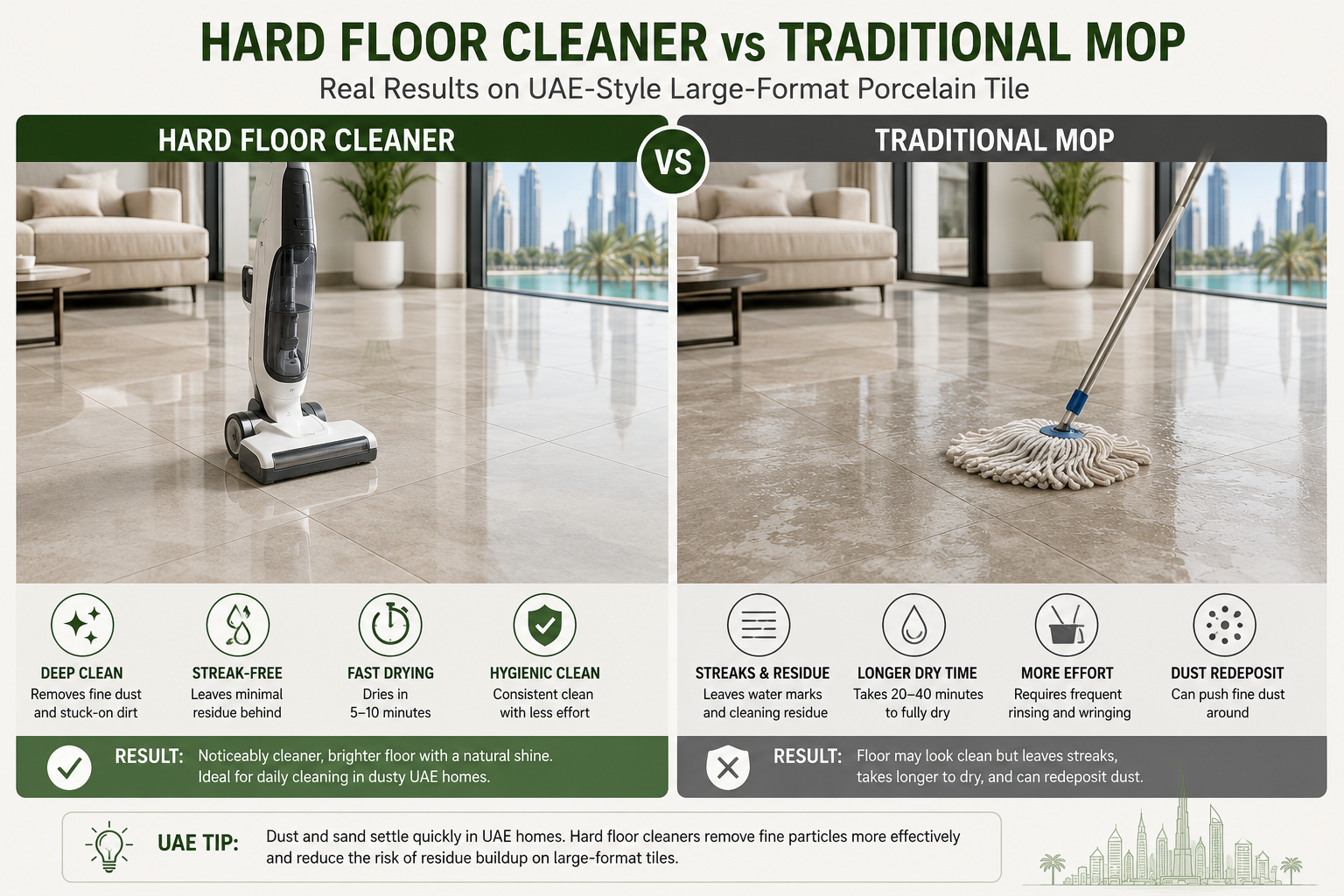[IMAGE SUGGESTION] Side-by-side comparison showing floor surface result after hard floor cleaner vs traditional mop on UAE-style large-format porcelain tile.