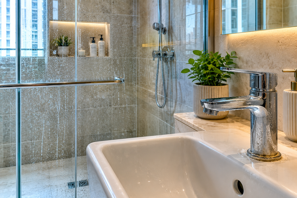 Mineral deposits and limescale on shower glass and tap in UAE apartment bathroom.