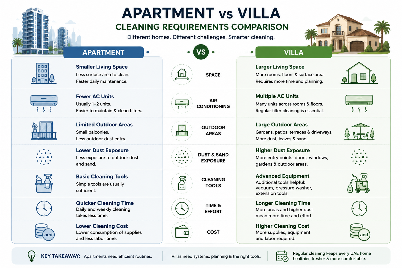 Apartment vs Villa Cleaning Requirements - visual side-by-side icon comparison.