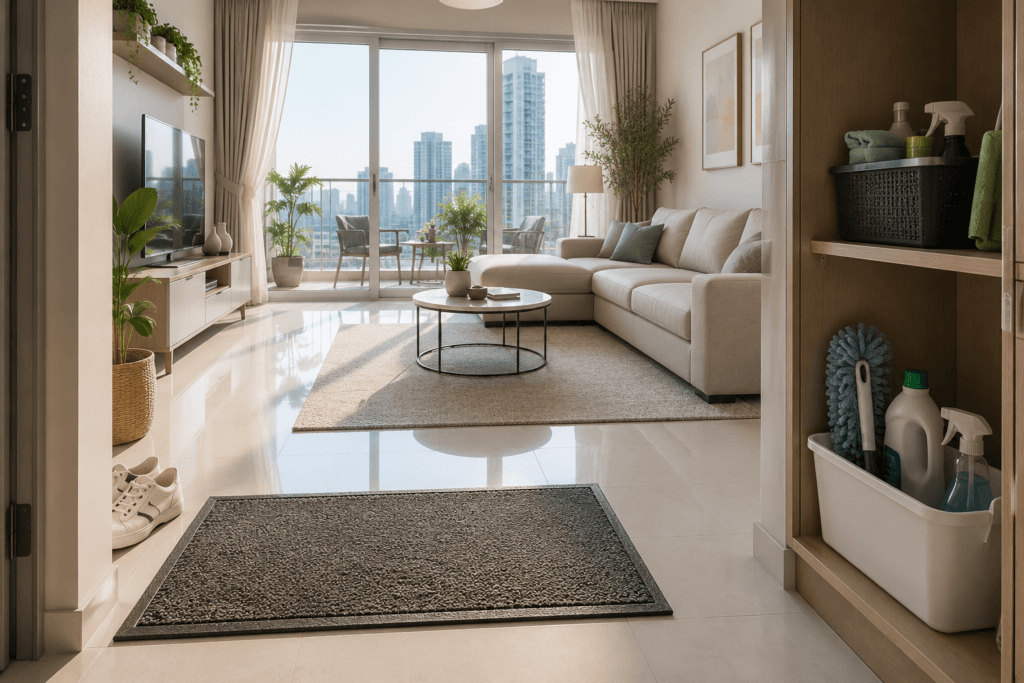 Cleaning hacks UAE apartment living room showing dust-control systems and organised cleaning setup.