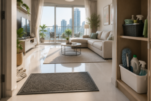 Cleaning hacks UAE apartment living room showing dust-control systems and organised cleaning setup.