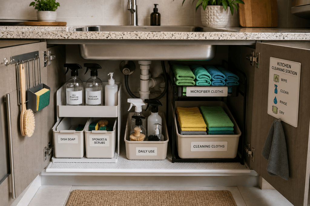 Organised kitchen cleaning station in a UAE home.