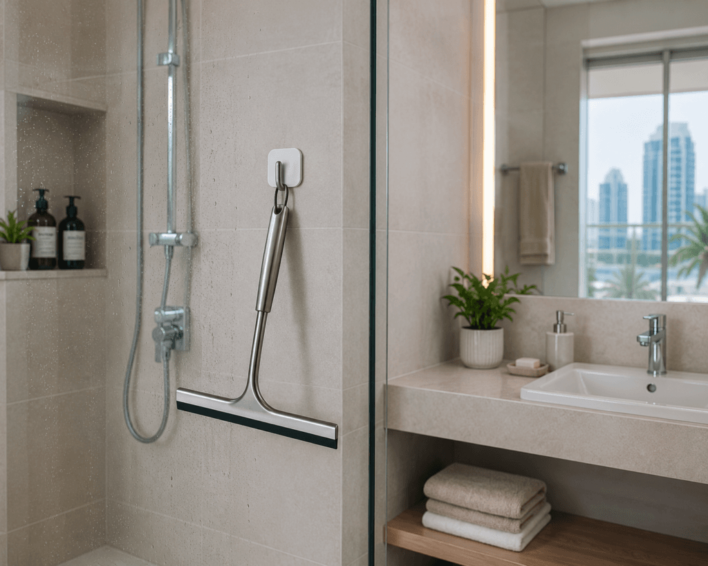 Shower squeegee reducing hard water buildup in UAE bathrooms.