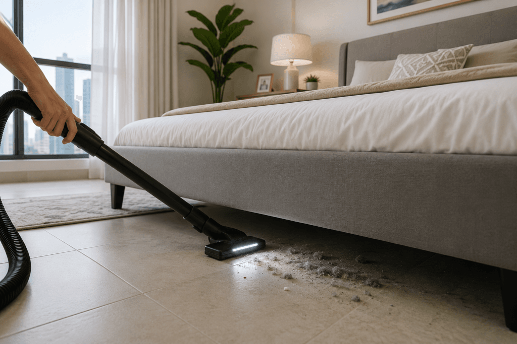Vacuum cleaning hidden dust under a bed in a UAE home.