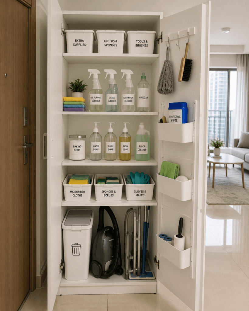 Small apartment cleaning station organised for efficiency.