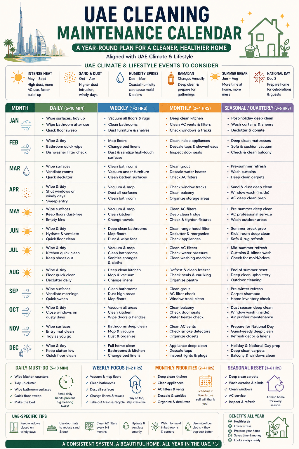 Annual calendar showing daily, weekly, monthly, and seasonal cleaning priorities aligned to UAE climate events.