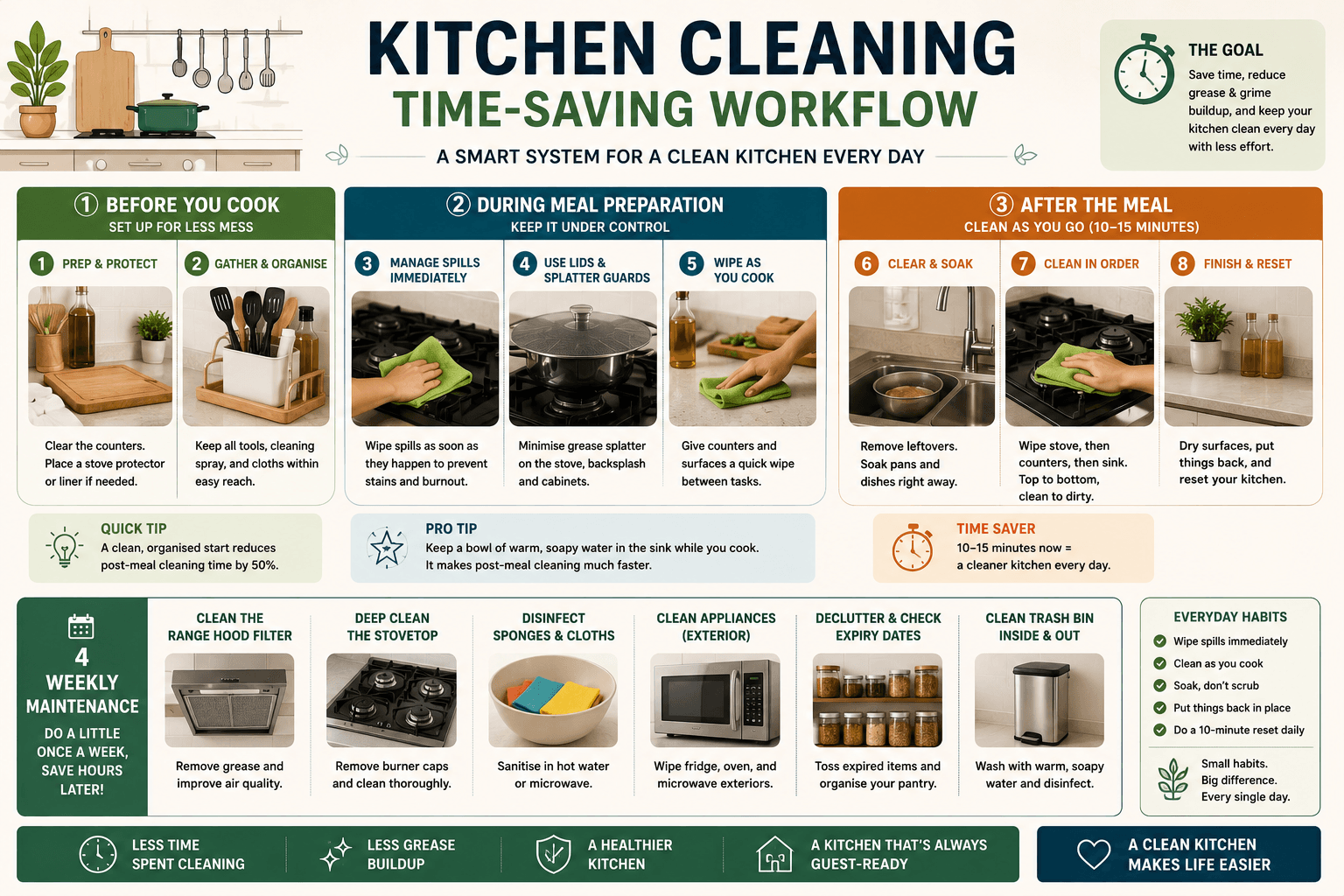 Visual workflow from meal preparation through post-meal cleaning and weekly maintenance.