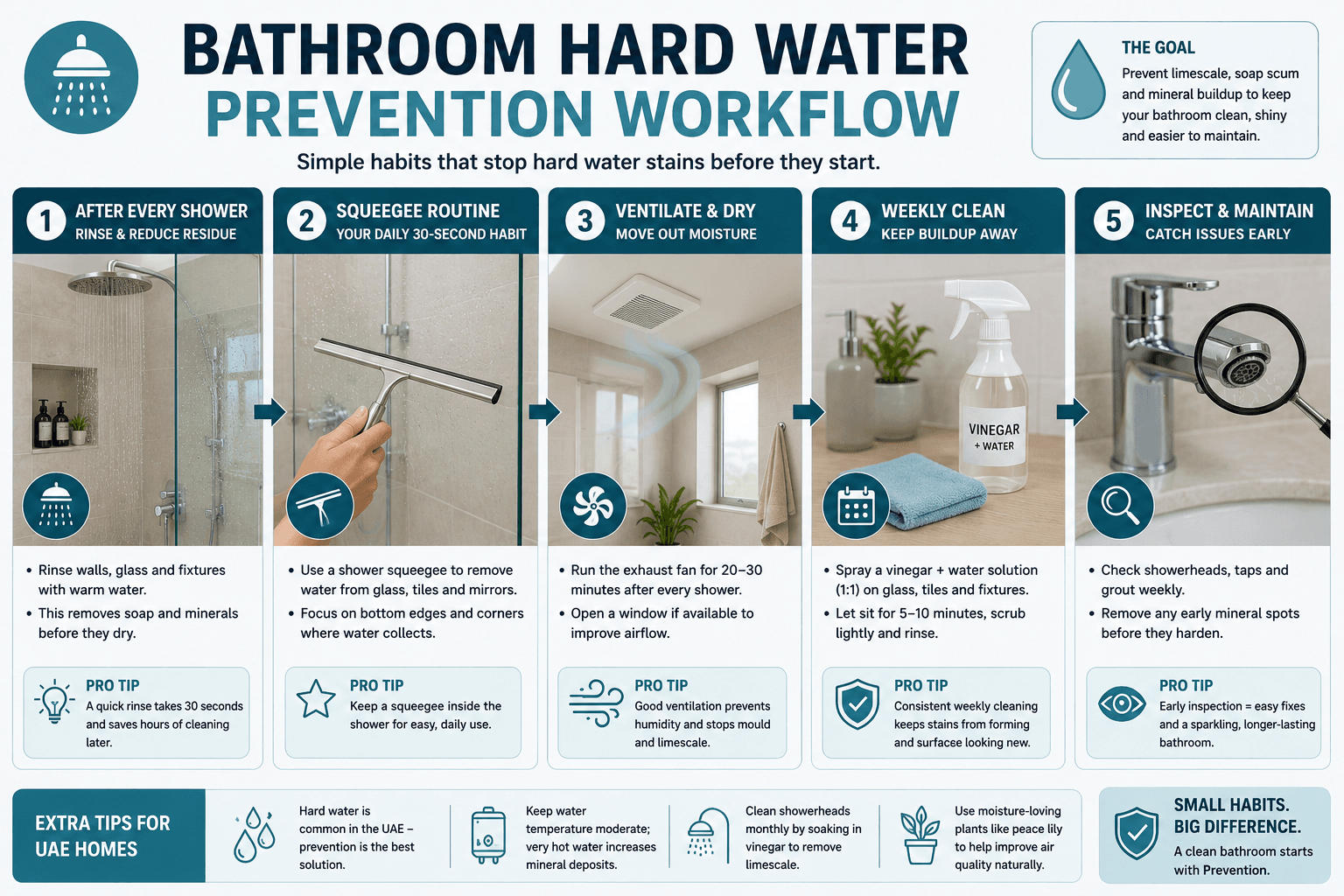 Step-by-step visual showing shower use, squeegee routine, ventilation, weekly cleaning, and inspection.