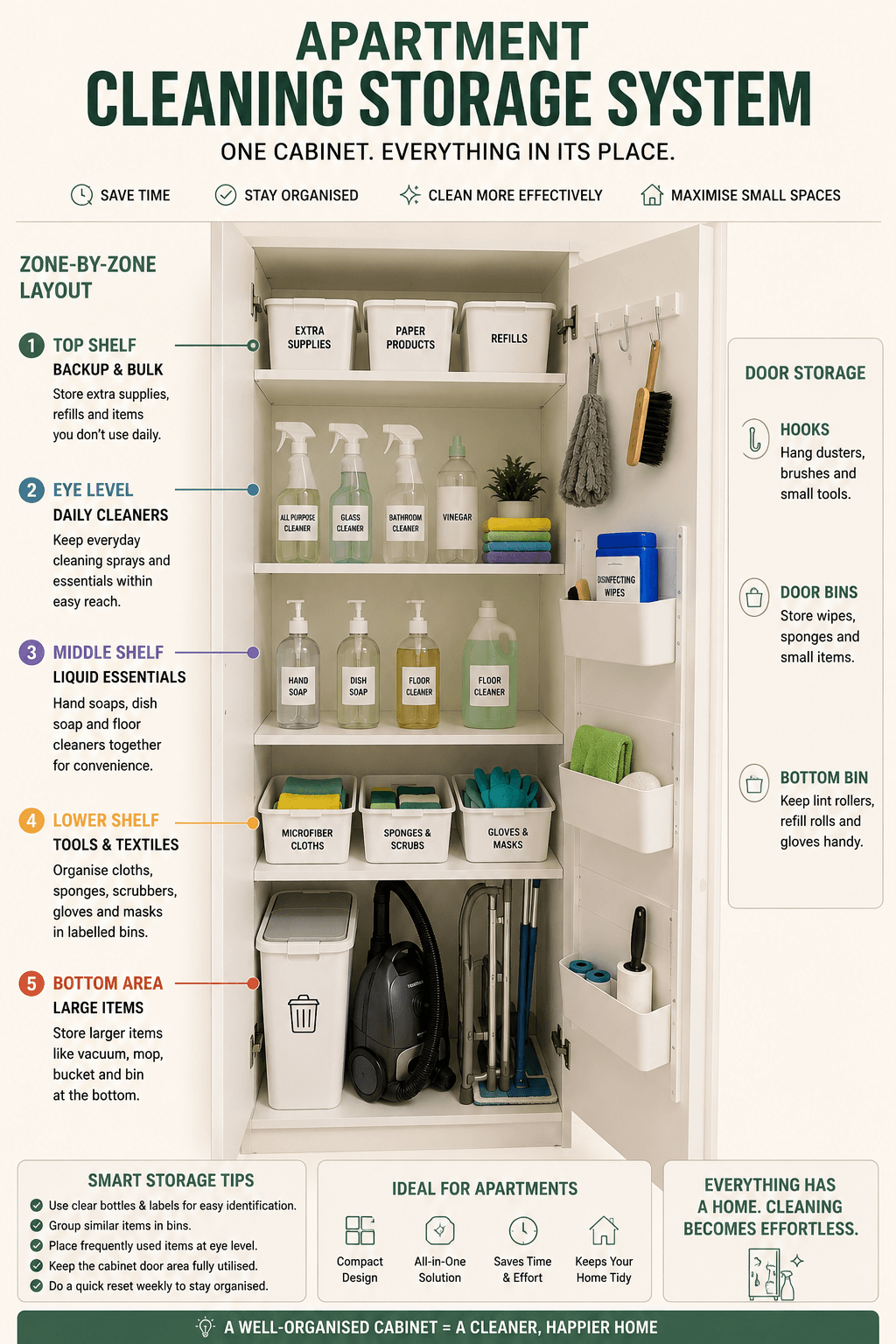 One-cabinet organisation layout showing cleaning zones and storage categories.