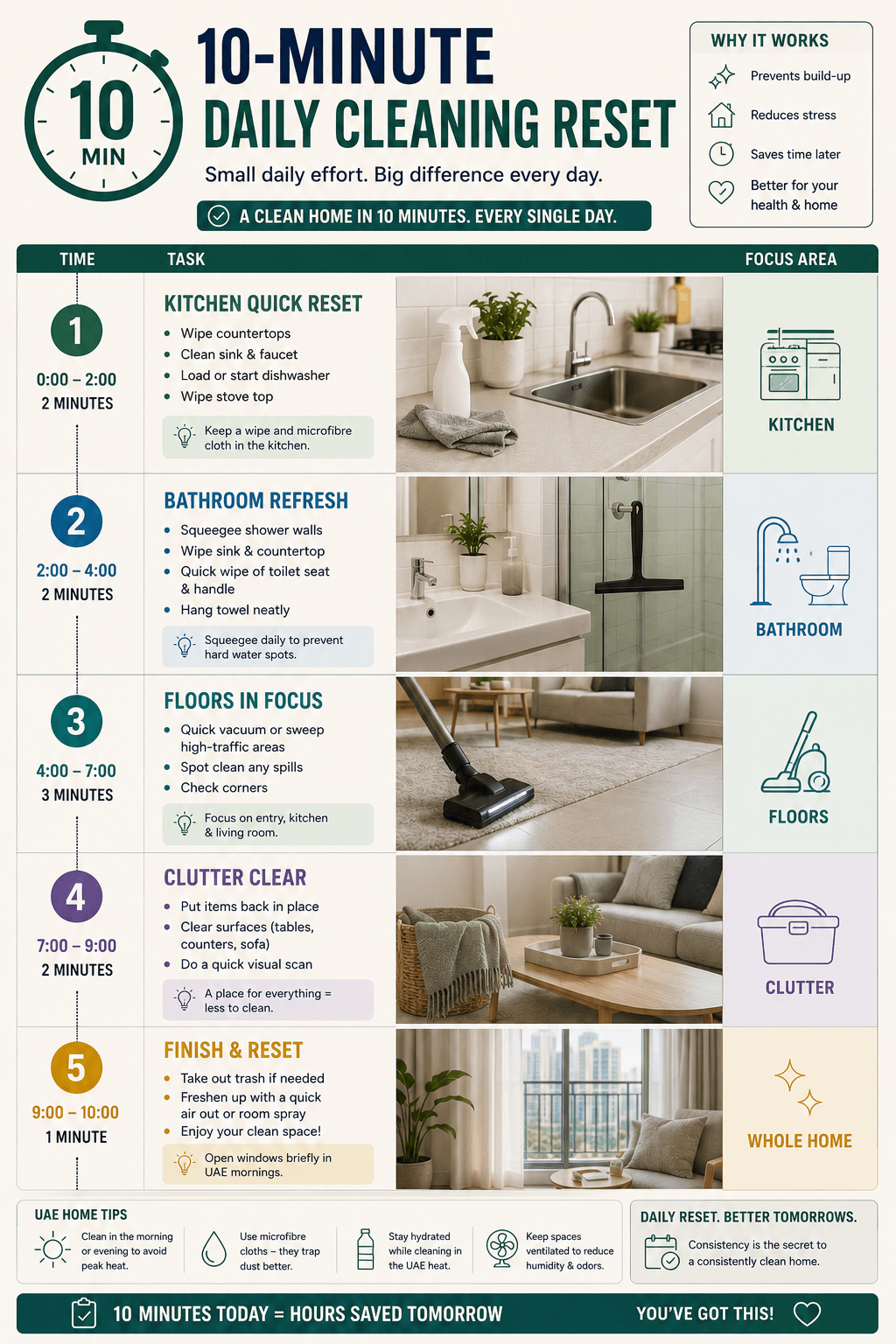 Timeline showing tasks and estimated completion times for kitchen, bathroom, floors, and clutter.