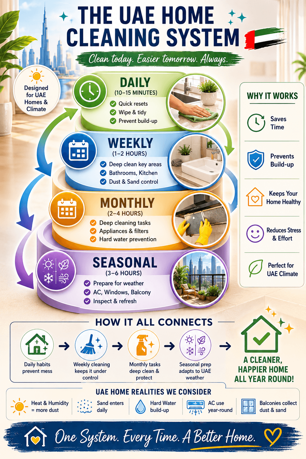 Visual flow showing Daily, Weekly, Monthly, and Seasonal cleaning layers and how they connect. Useful for Pinterest and social sharing.