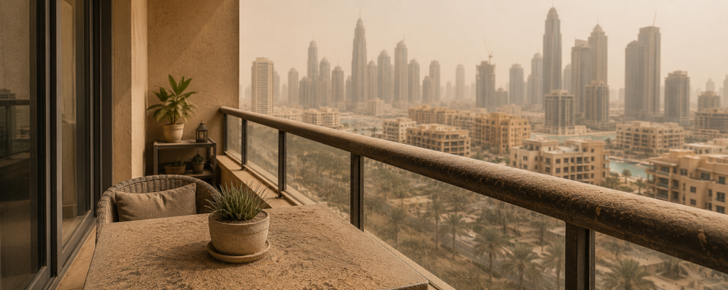 cleaning-problems-a dust-covered UAE apartment balcony with city skyline in the background, illustrating the environmental cleaning conditions unique to the region.