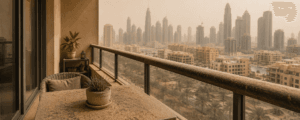 cleaning-problems-a dust-covered UAE apartment balcony with city skyline in the background, illustrating the environmental cleaning conditions unique to the region.