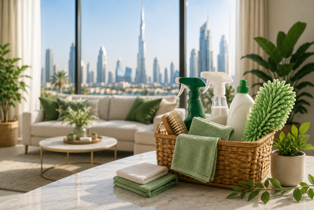 Cleaning systems UAE setup showing organised cleaning supplies, microfiber cloths and cleaning products inside a modern Dubai apartment with city skyline view.