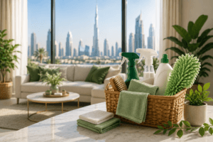 Cleaning systems UAE setup showing organised cleaning supplies, microfiber cloths and cleaning products inside a modern Dubai apartment with city skyline view.