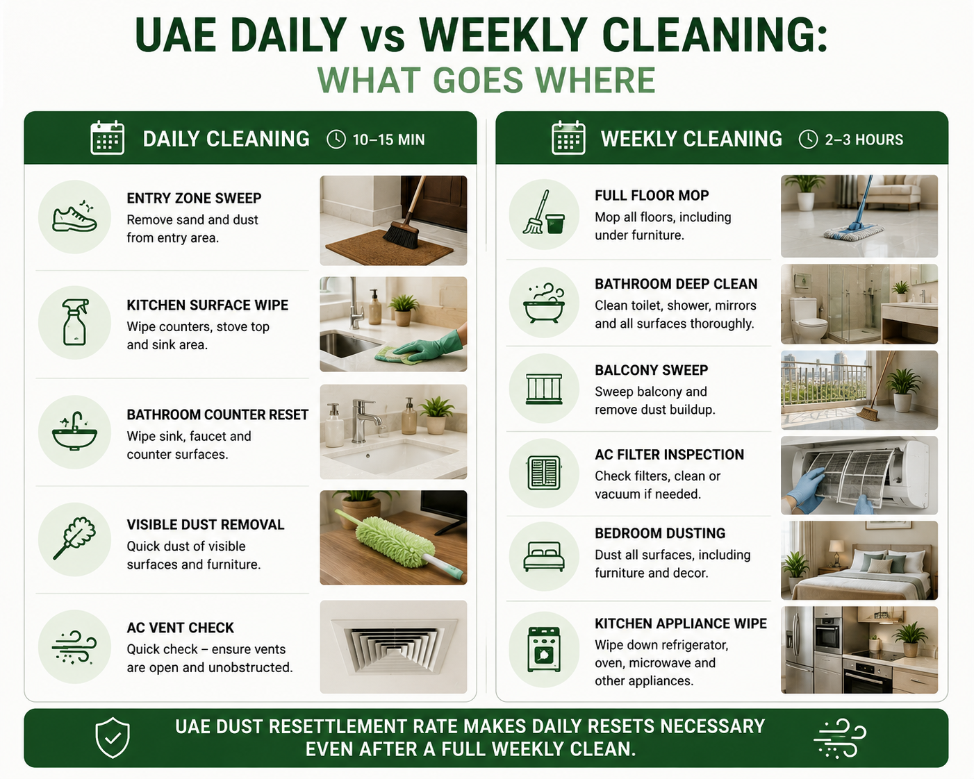 [Image suggestion: Two-column split diagram - UAE Daily vs Weekly Cleaning: What Goes Where. Left column (Daily, 10-15 min): entry zone sweep, kitchen surface wipe, bathroom counter reset, visible dust removal, AC vent check. Right column (Weekly, 2-3 hours): full floor mop, bathroom deep clean, balcony sweep, AC filter inspection, bedroom dusting, kitchen appliance wipe. Footer note: UAE dust resettlement rate makes daily resets necessary even after a full weekly clean.]