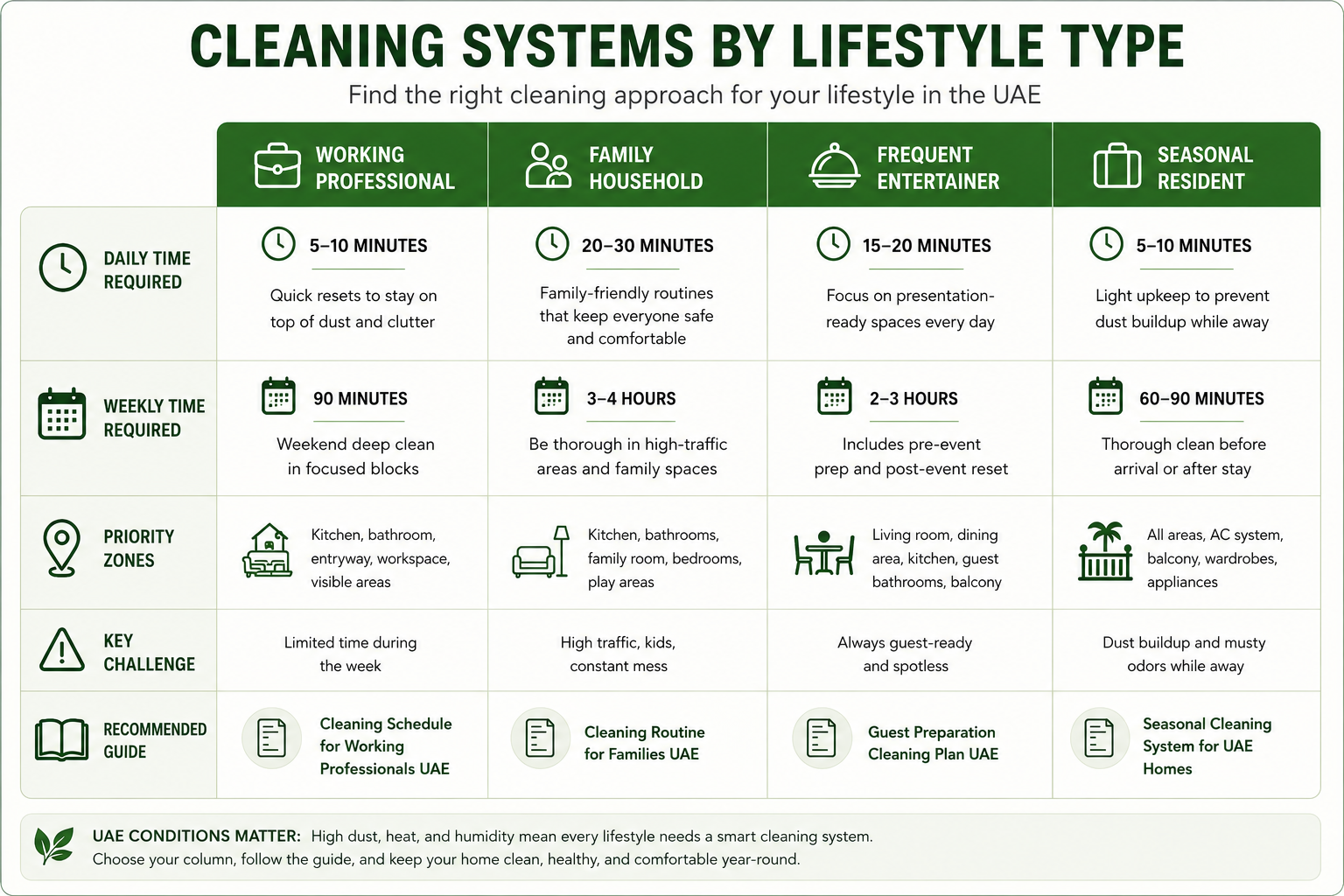 [Image suggestion: Four-column comparison table infographic - Cleaning Systems by Lifestyle Type. Columns: Working Professional / Family Household / Frequent Entertainer / Seasonal Resident. Rows: daily time required, weekly time required, priority zones, key challenge, recommended guide. Pinterest and blog embed format.]