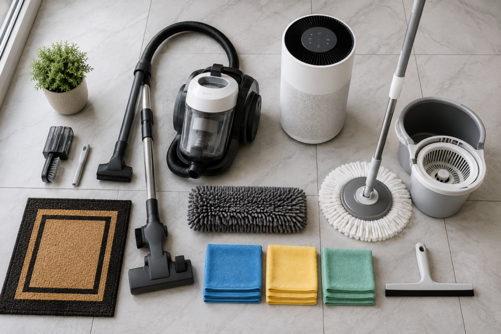 Flat-lay of UAE apartment cleaning tools including HEPA vacuum, spin mop, microfiber cloths, air purifier, entry mat, and squeegee arranged on large-format tile flooring.