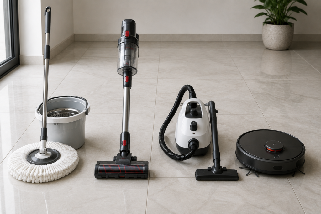 Spin mop, cordless vacuum, steam cleaner, and robot vacuum arranged side by side on large-format UAE tile flooring.