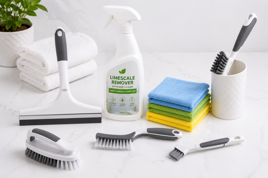 Bathroom cleaning toolkit including squeegee, grout brush, microfiber cloths, and limescale spray arranged on a clean white surface. No people.